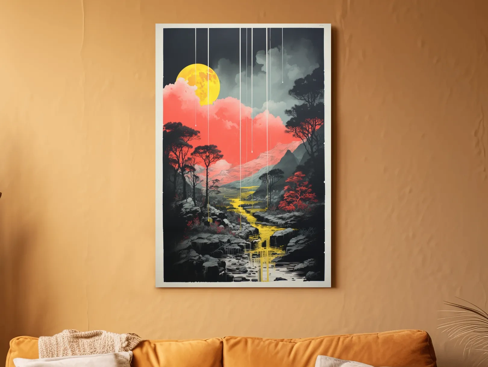 Surreal Moonlit Mountain River Landscape - Fantasy Nature Wall Art
