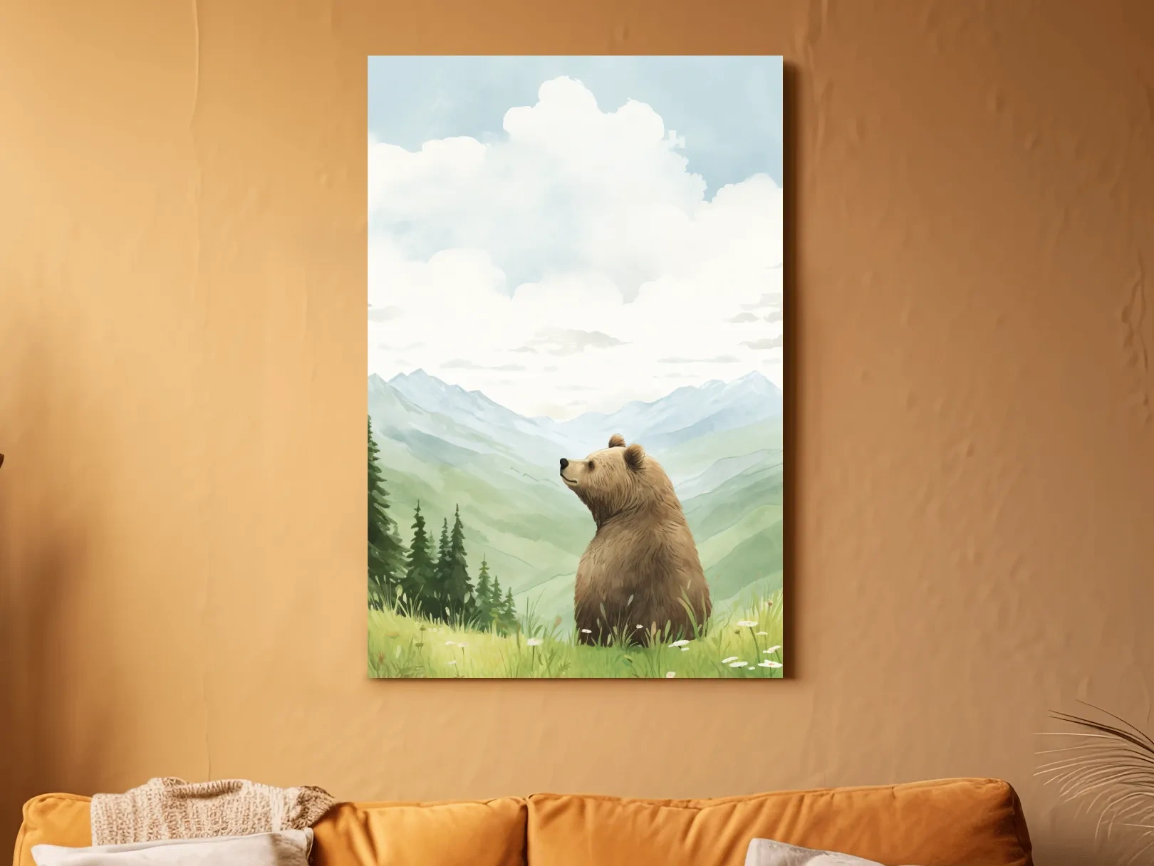 Whimsical Watercolor Bear In Mountain Meadow - Serene Nursery Wildlife Art