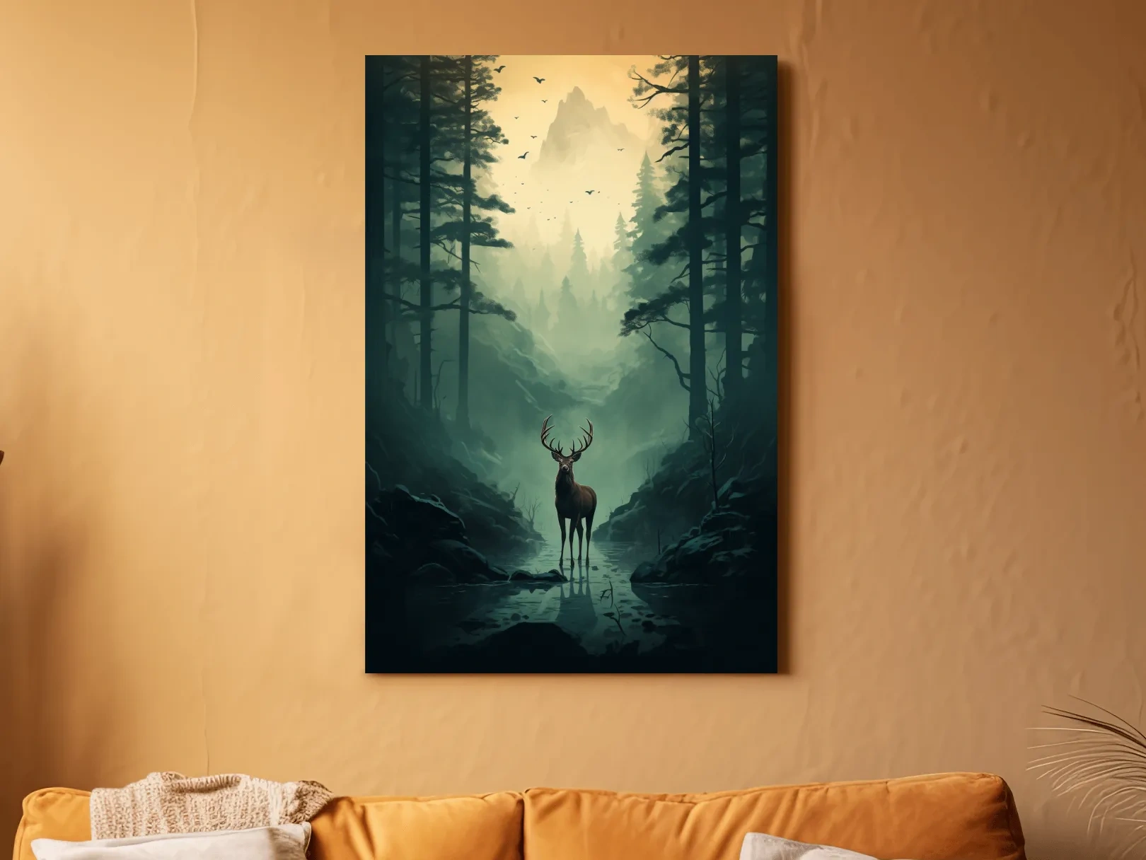 Moody Misty Forest Deer Stag Landscape - Atmospheric Wildlife Mountain Wall Art