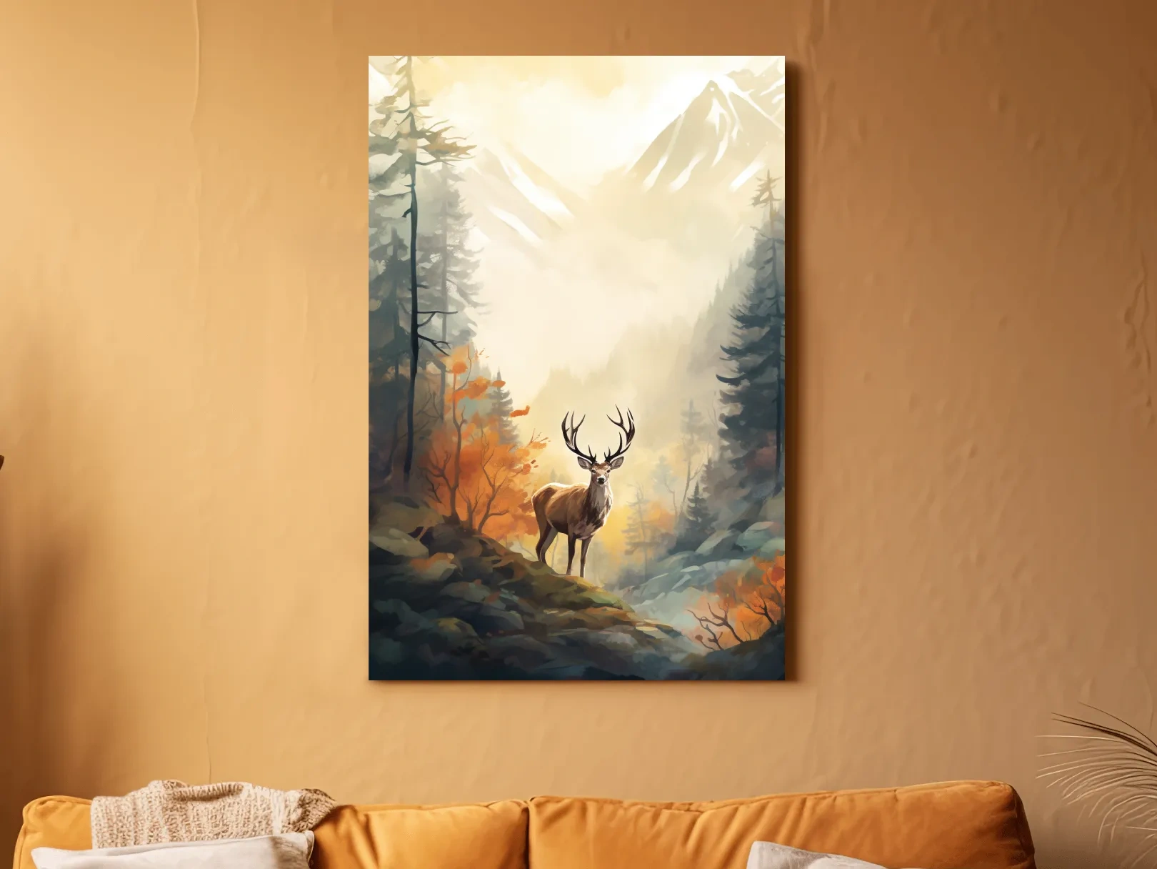 Majestic Stag In Misty Mountain Forest - Autumn Watercolor Wildlife Wall Art