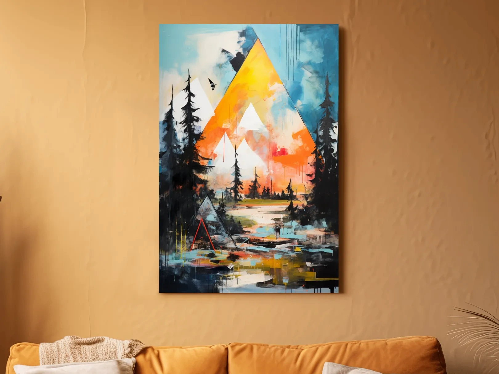 Vibrant Abstract Mountain Painting - Modern Geometric Alpine Forest Wall Art