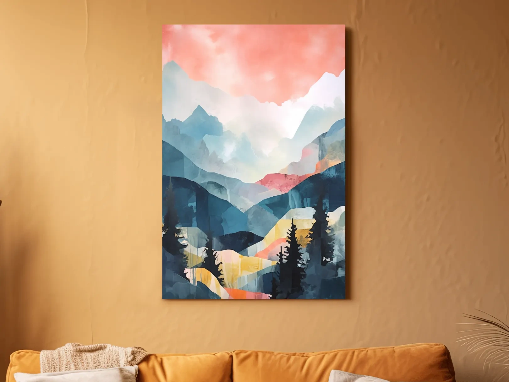 Abstract pastel painting - mountains and trees at sunset