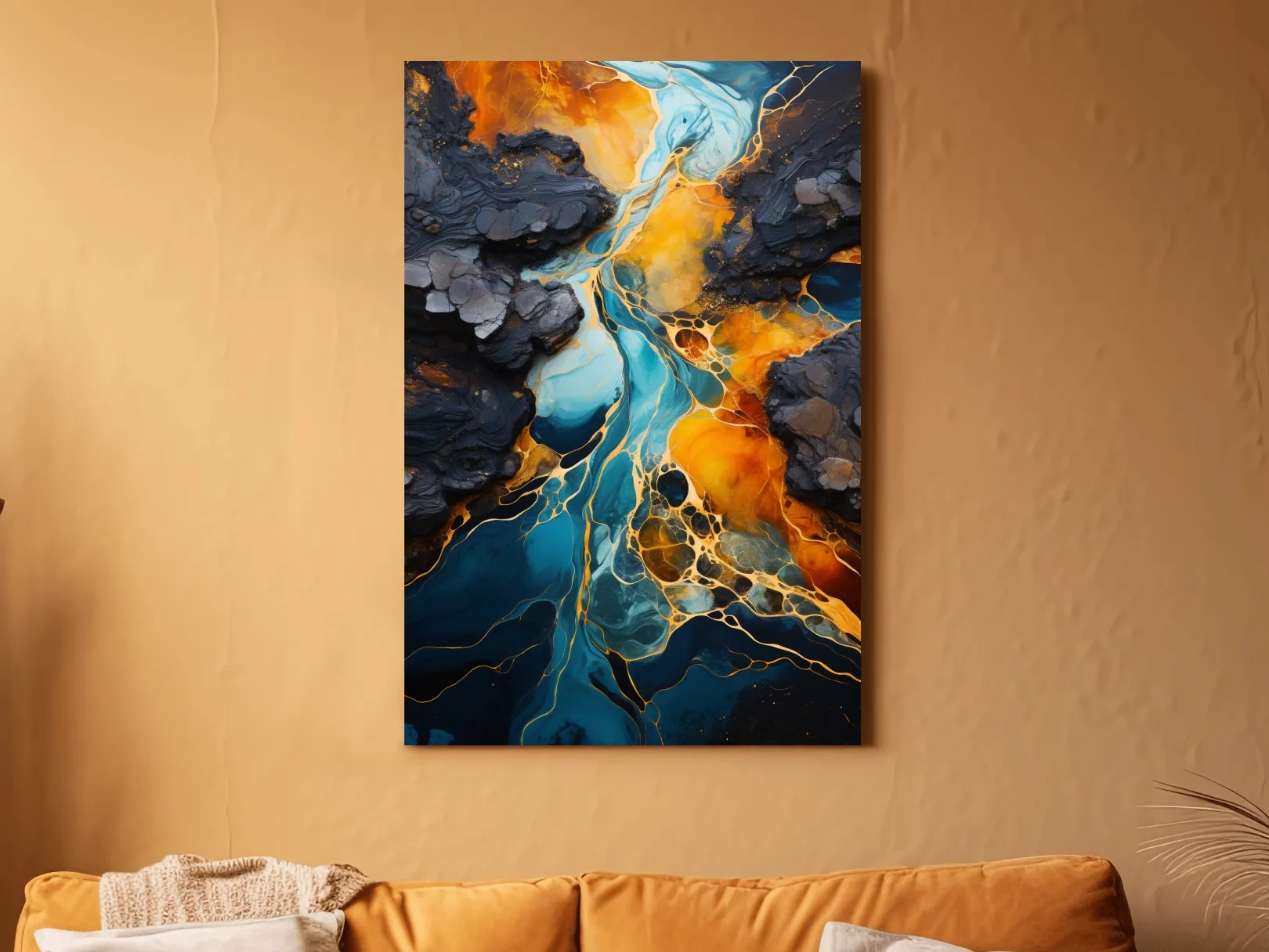 Elegant Gold And Teal Abstract Flowinf River - Alcohol Ink Style Wall Art