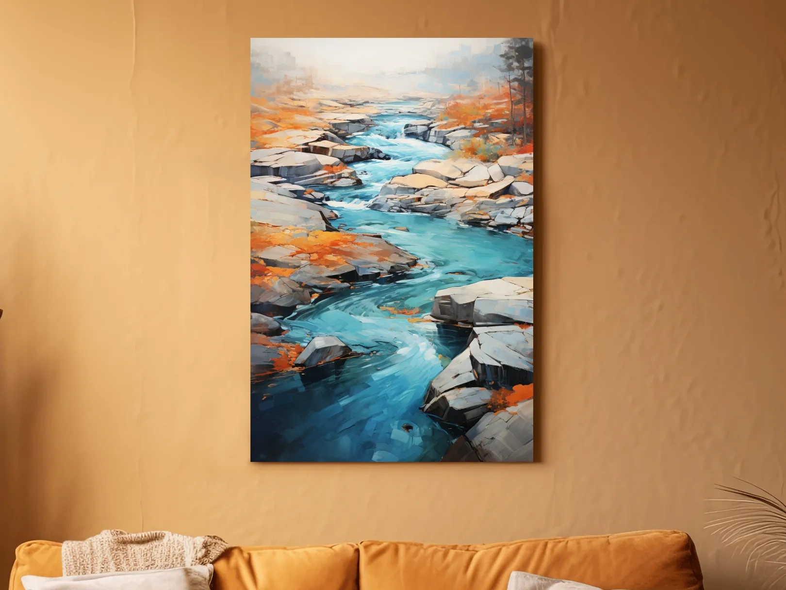 Vibrant Turquoise River Through Rocky Canyon - Modern Impressionist Landscape Wall Art