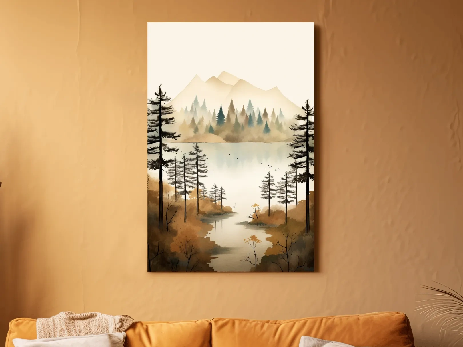 Misty Watercolor Mountain Lake Forest - Serene Alpine Wall Art