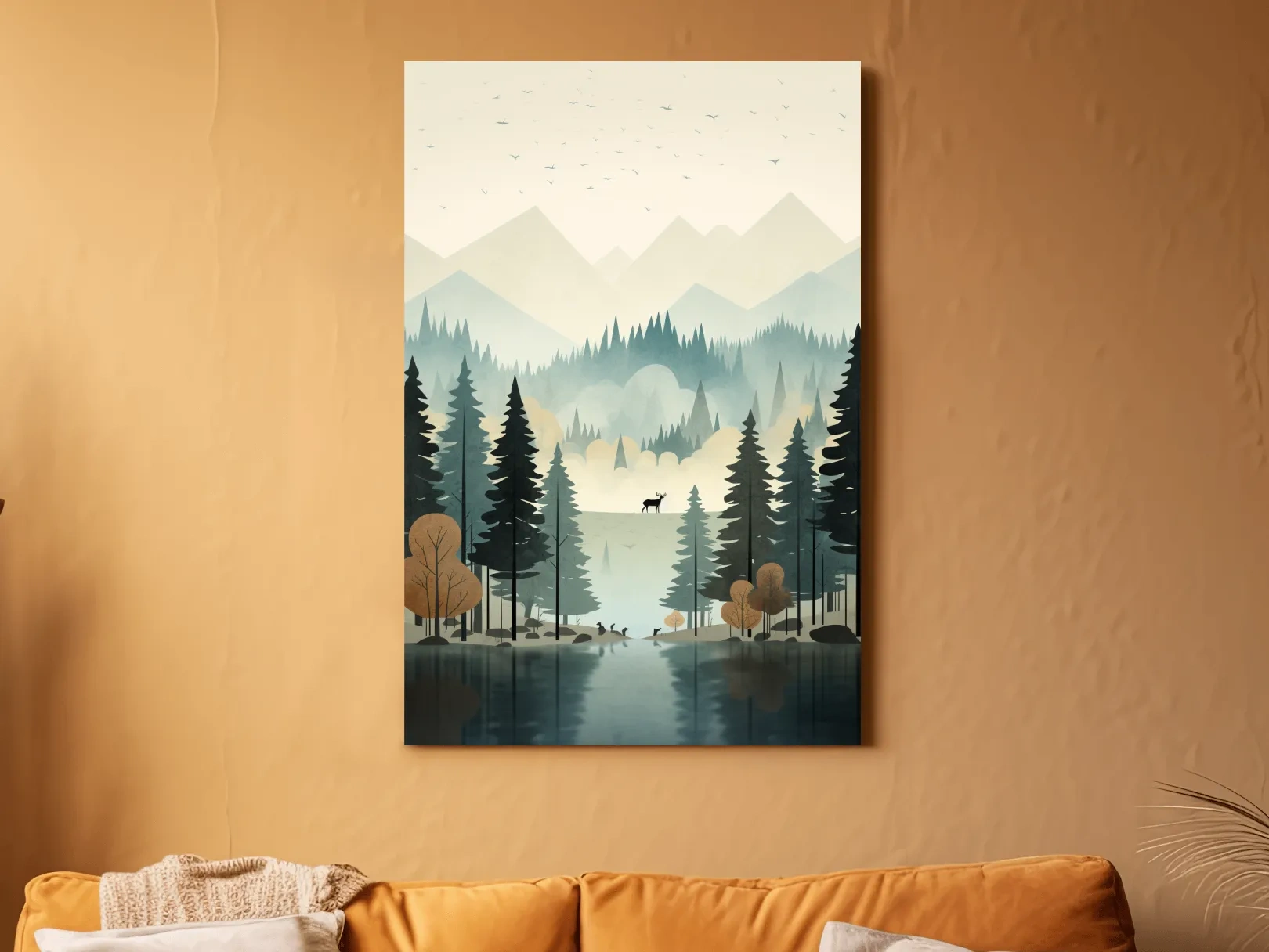 Alpine Lake Forest With Deer - Scandinavian Minimalist Wall Art