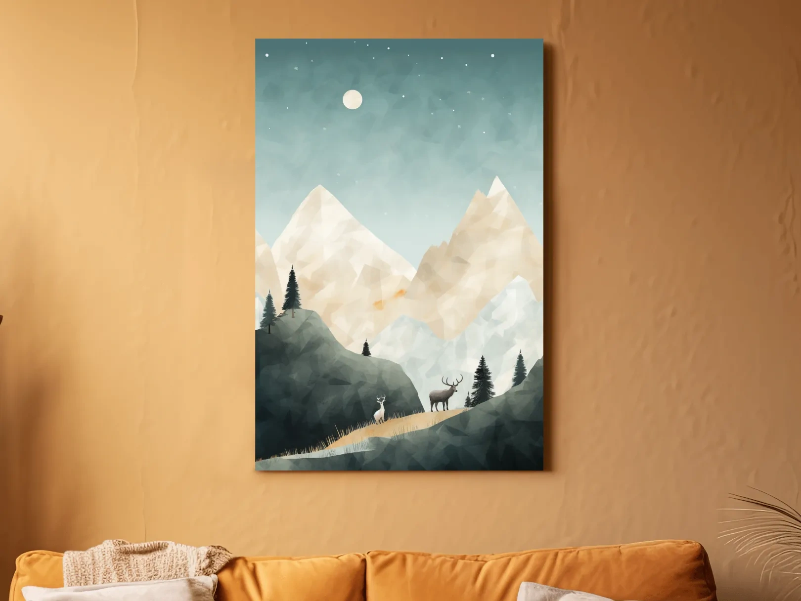 Mountain Deer Landscape Illustration - Minimalist Alpine Forest Wildlife Wall Art