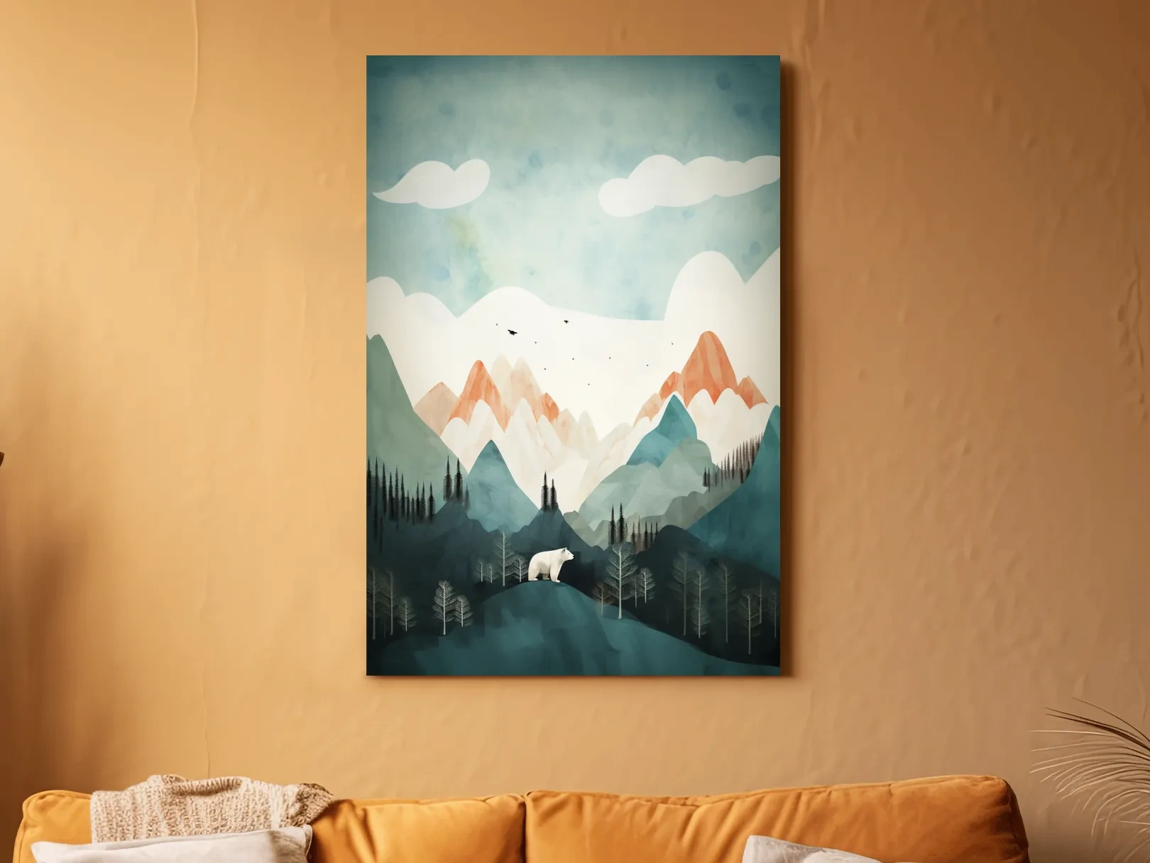 Whimsical Bear Alpine Mountain Landscape - Childrens Nursery Wall Art