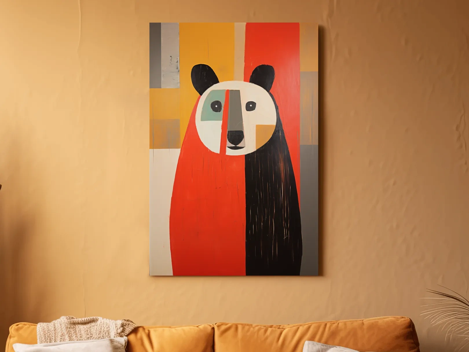 Bold Geometric Bear Portrait Painting - Quirky Abstract Animal Wall Art