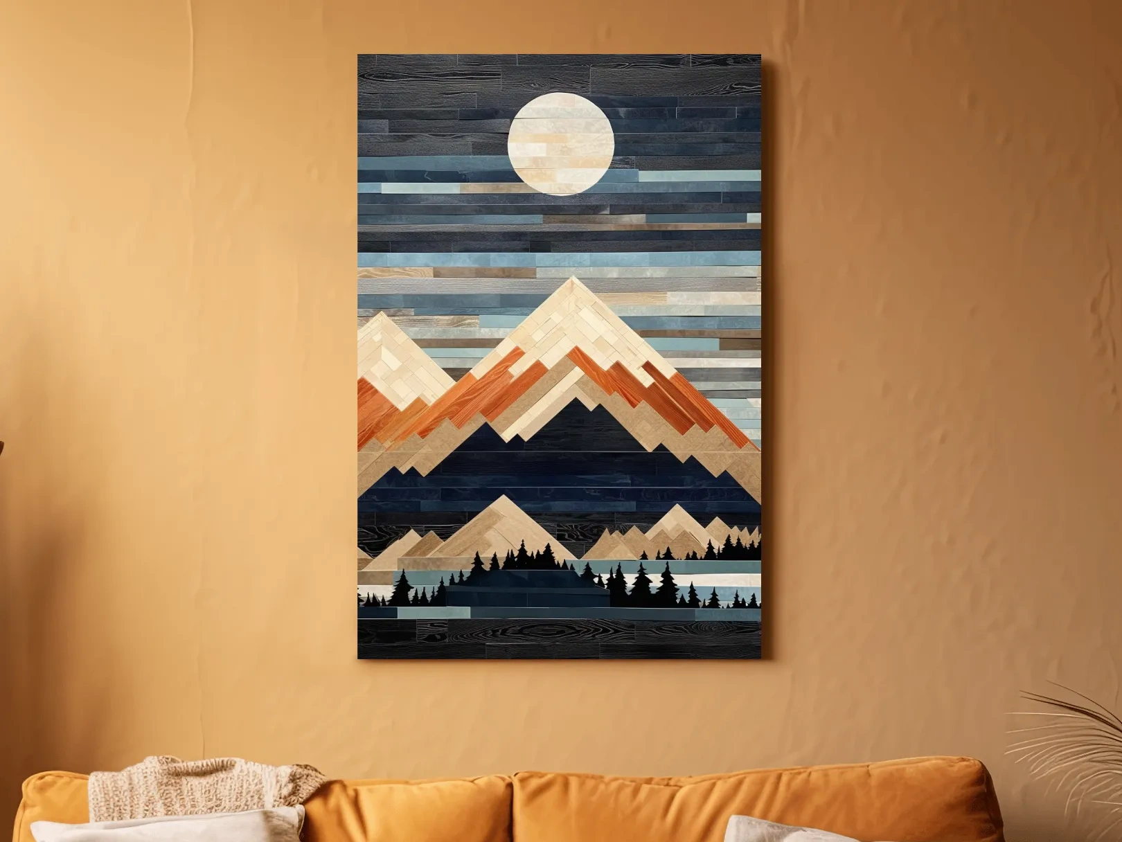 Geometric Wood Mosaic Mountain Range Under Full Moon - Modern Rustic Landscape Wall Art