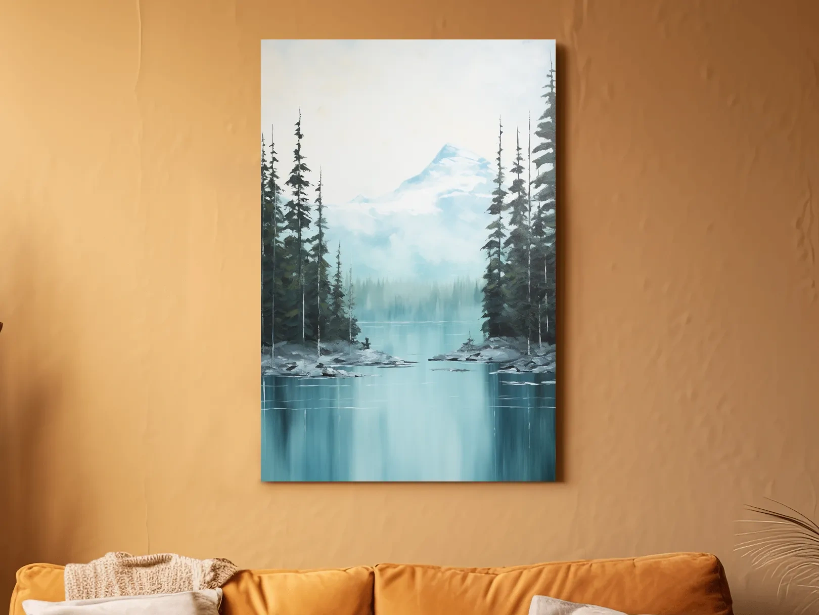 Turquoise Alpine Lake & Pine Forest Watercolor - Serene Mountain Landscape Wall Art