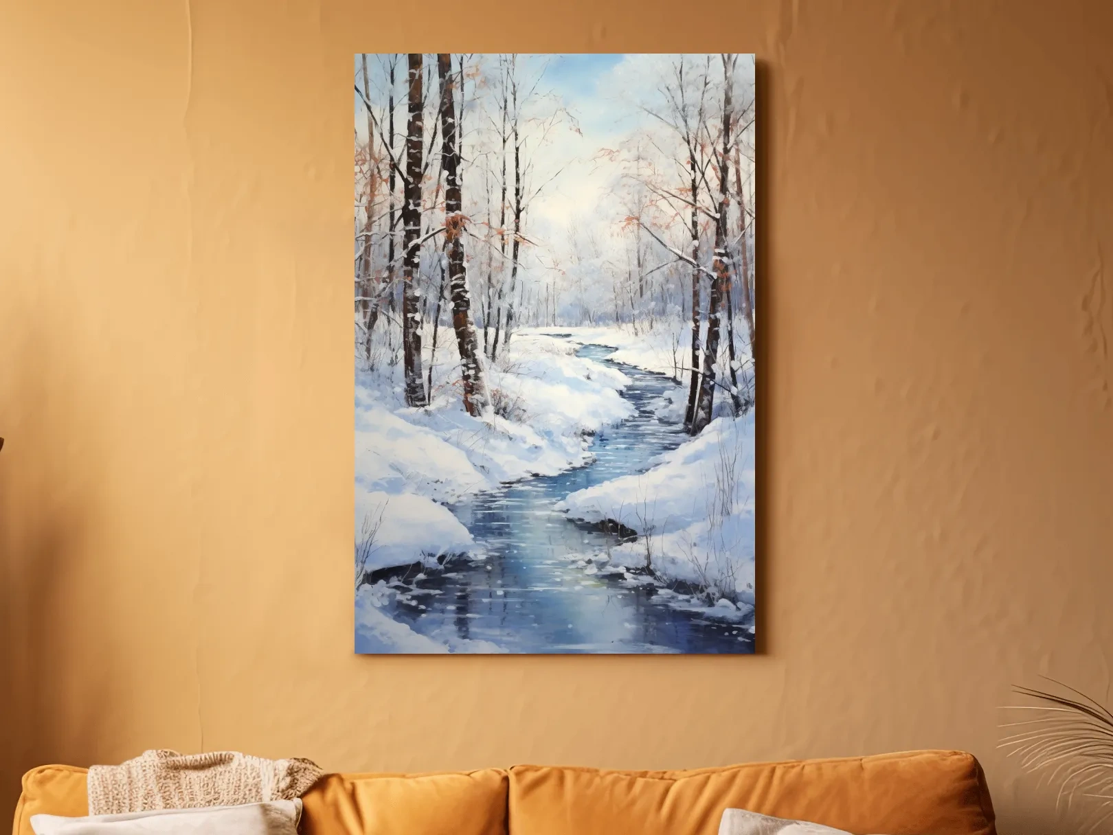 Serene Winter River Forest Painting - Snowy Woodland Wall Art