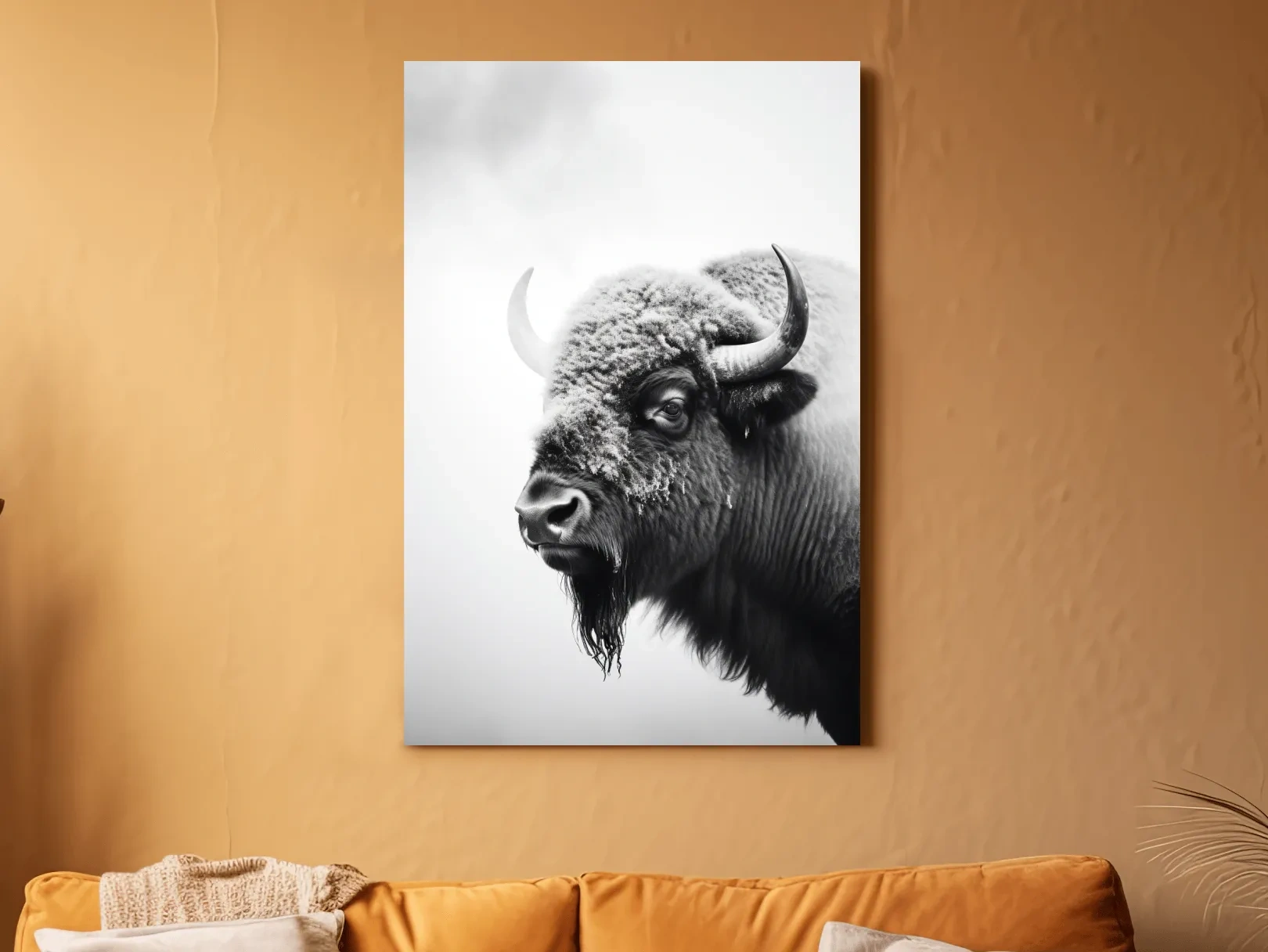 Moody Black And White Bison Portrait - Minimalist Photographic Wildlife Wall Art