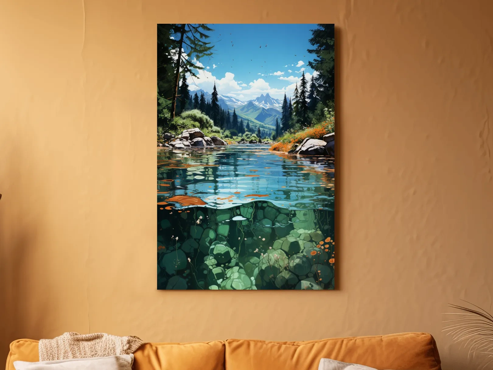 Crystal Clear Alpine River Landscape Illustration - Vibrant Mountain Forest Artwork