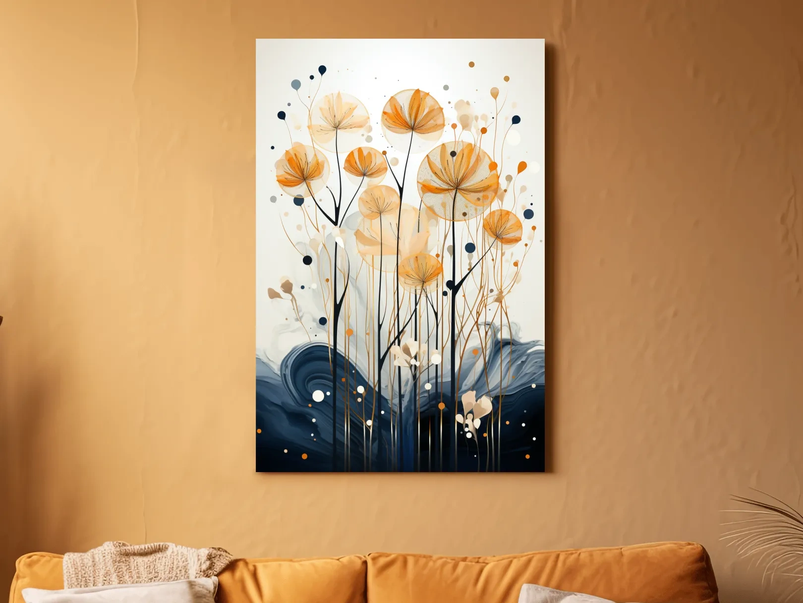Abstract Golden Wildflower Ink Wash - Botanical Boho Wall Art