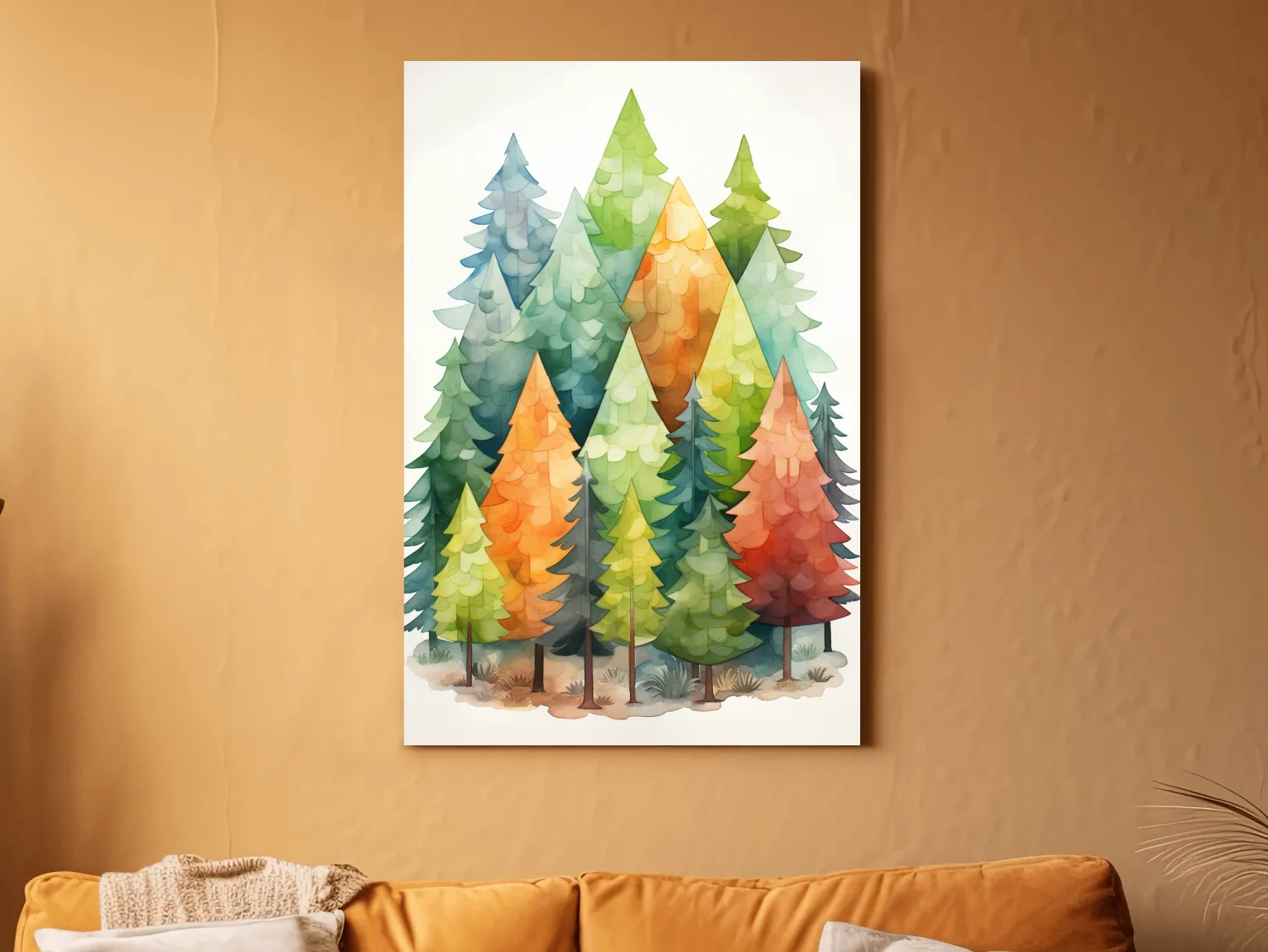 Whimsical Watercolor Pine Forest Illustration - Colorful Scandinavian Nature Wall Art