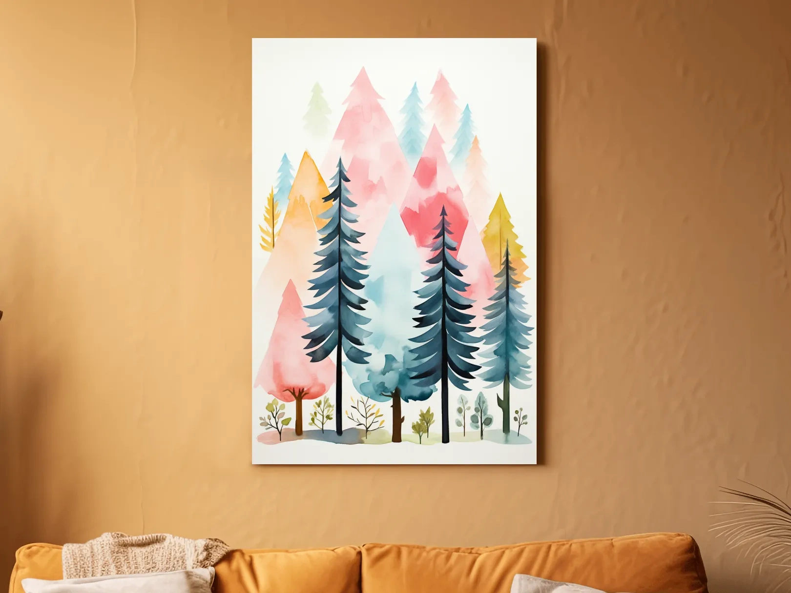 Pastel Watercolor Pine Forest - Colorful Scandinavian Nature Wall Art