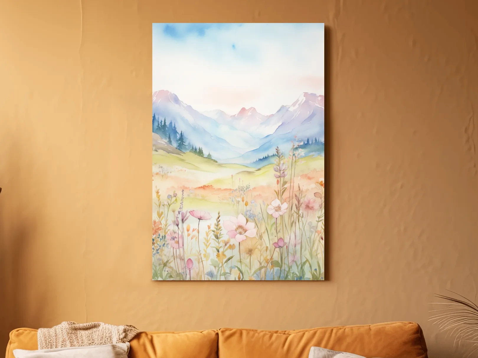 Pastel Watercolor Wildflower Meadow Mountains - Serene Floral Alpine Wall Art