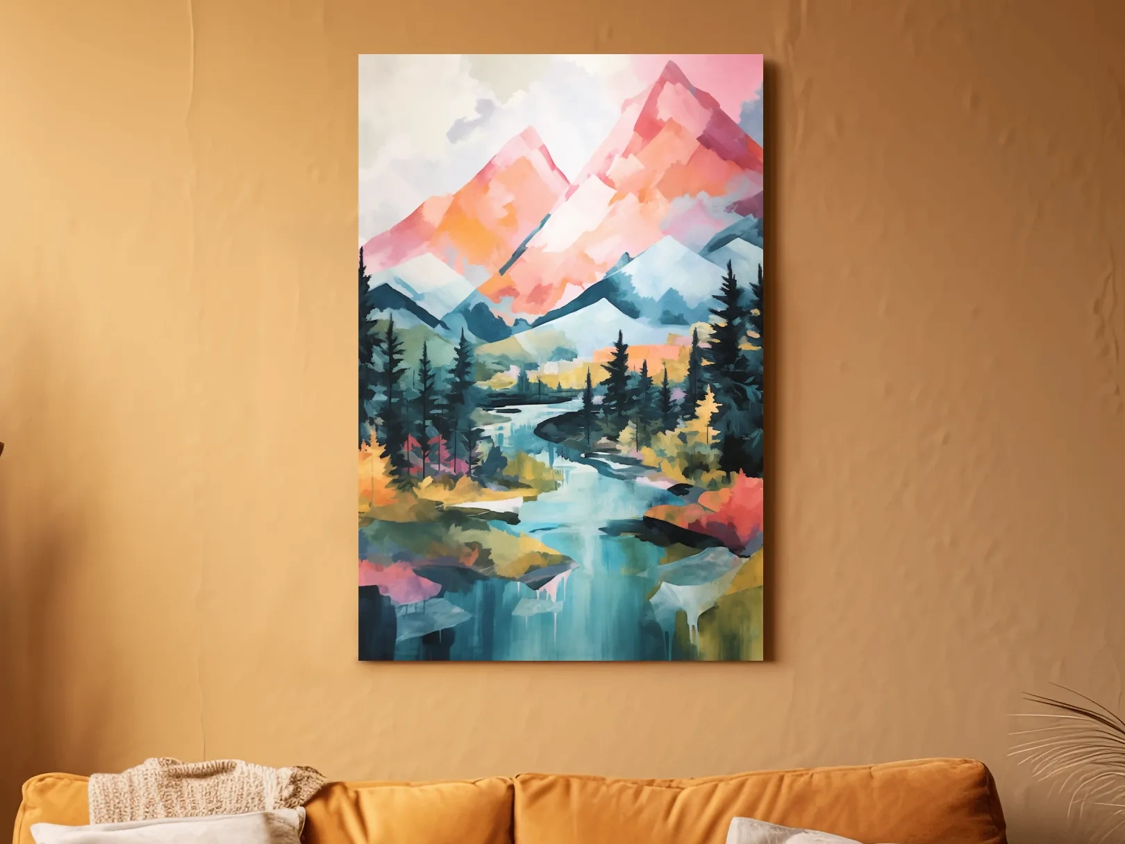 Vibrant Mountain River Landscape Painting - Colorful Alpine Forest Wall Art
