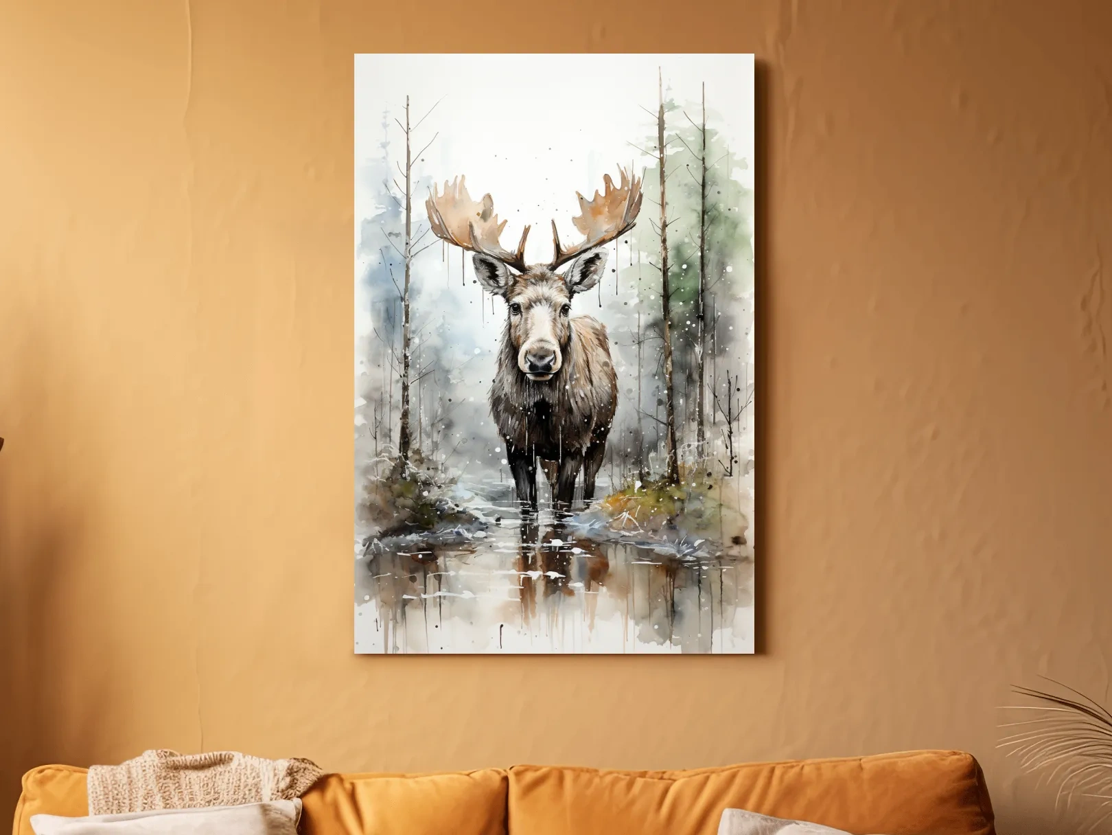 Watercolor Moose In Misty Forest - Rustic Woodland Wildlife Painting Wall Art