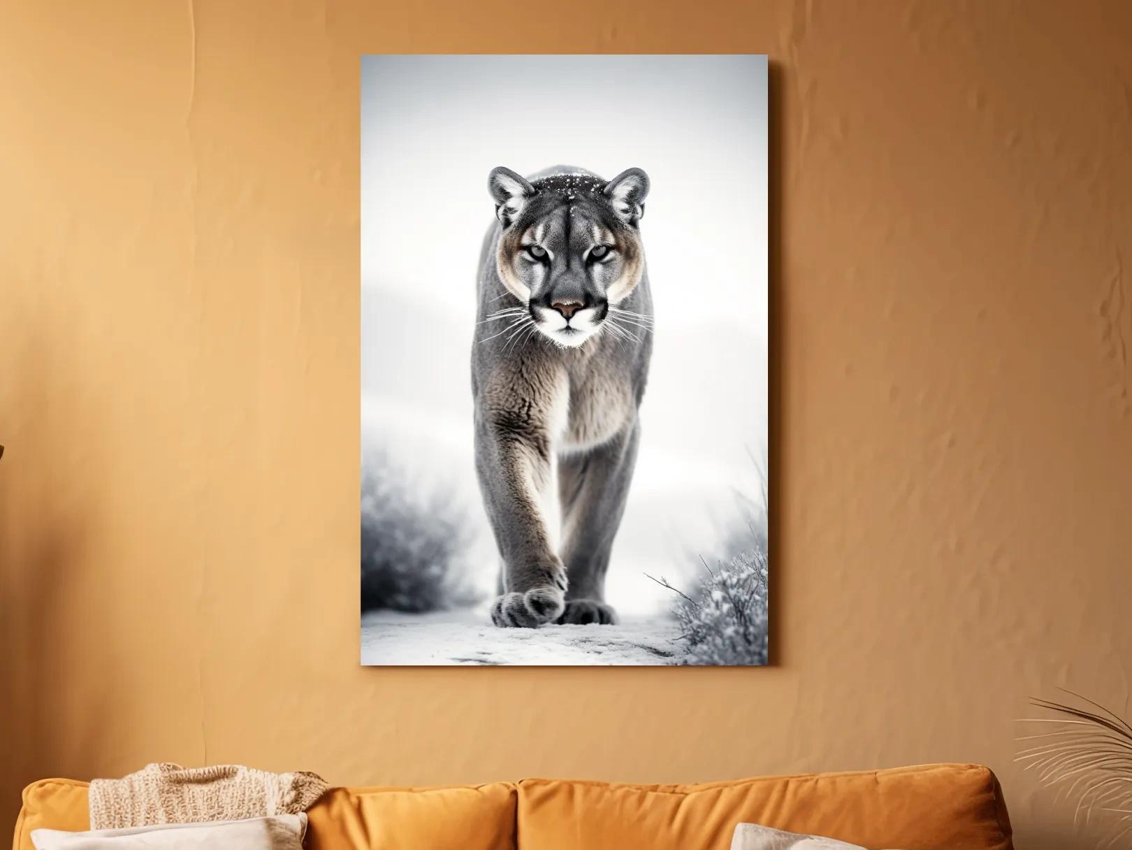 Photograph of a mountain lion walking in snow