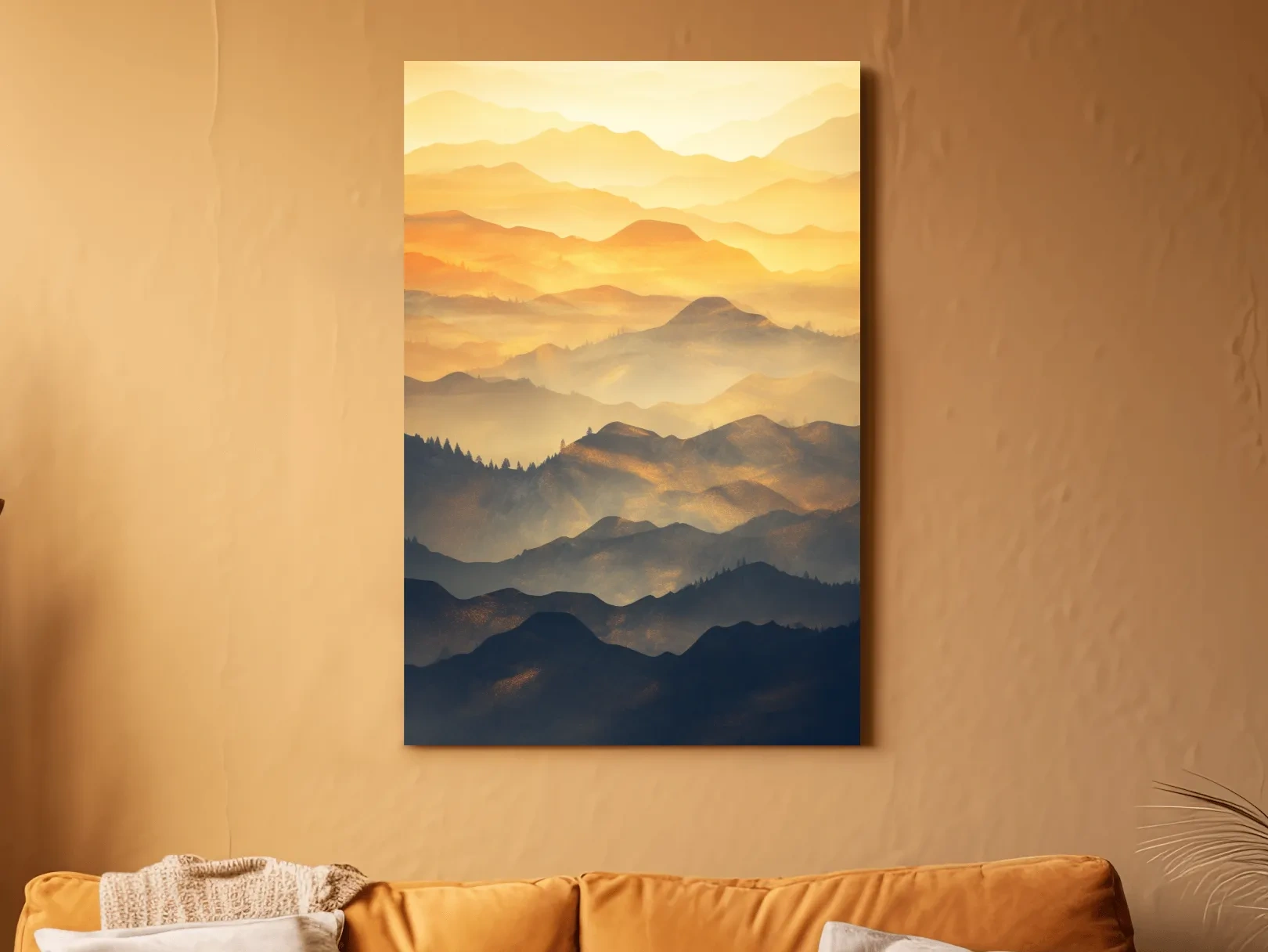 Golden Misty Mountain Ranges Landscape - Serene Layered Sunrise Artwork