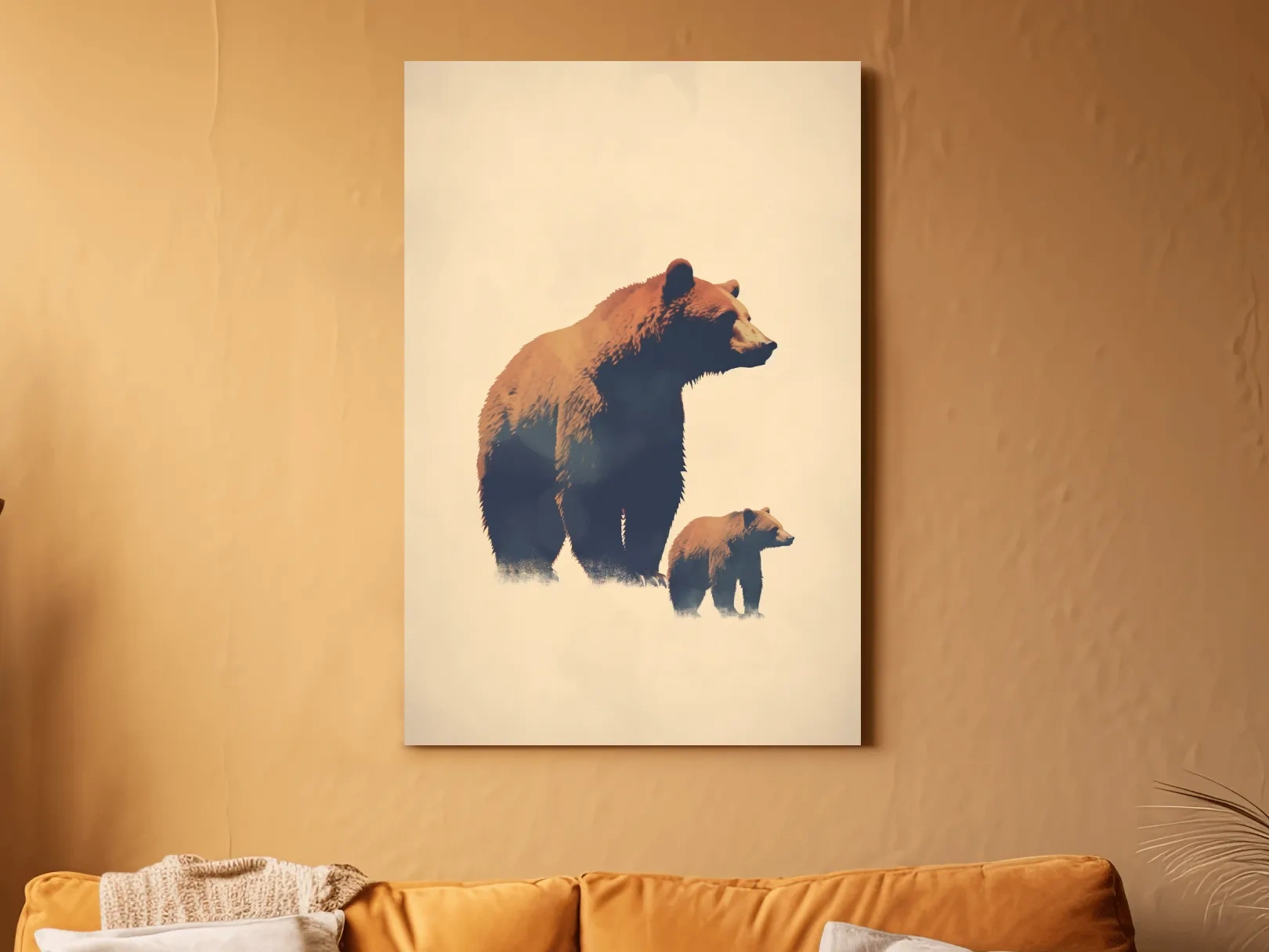Minimalist Grizzly Bear Mother And Cub Artwork - Neutral Wildlife Wall Art