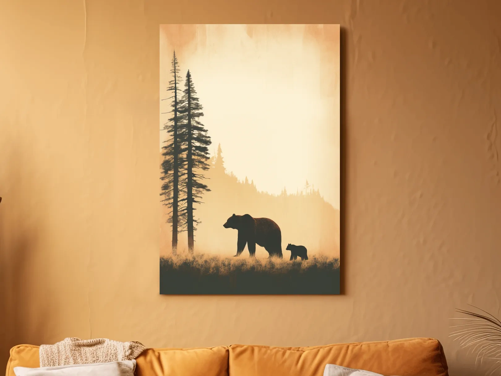 Grizzly Bear And Cub Silhouettes - Misty Forest Minimalist Wall Art