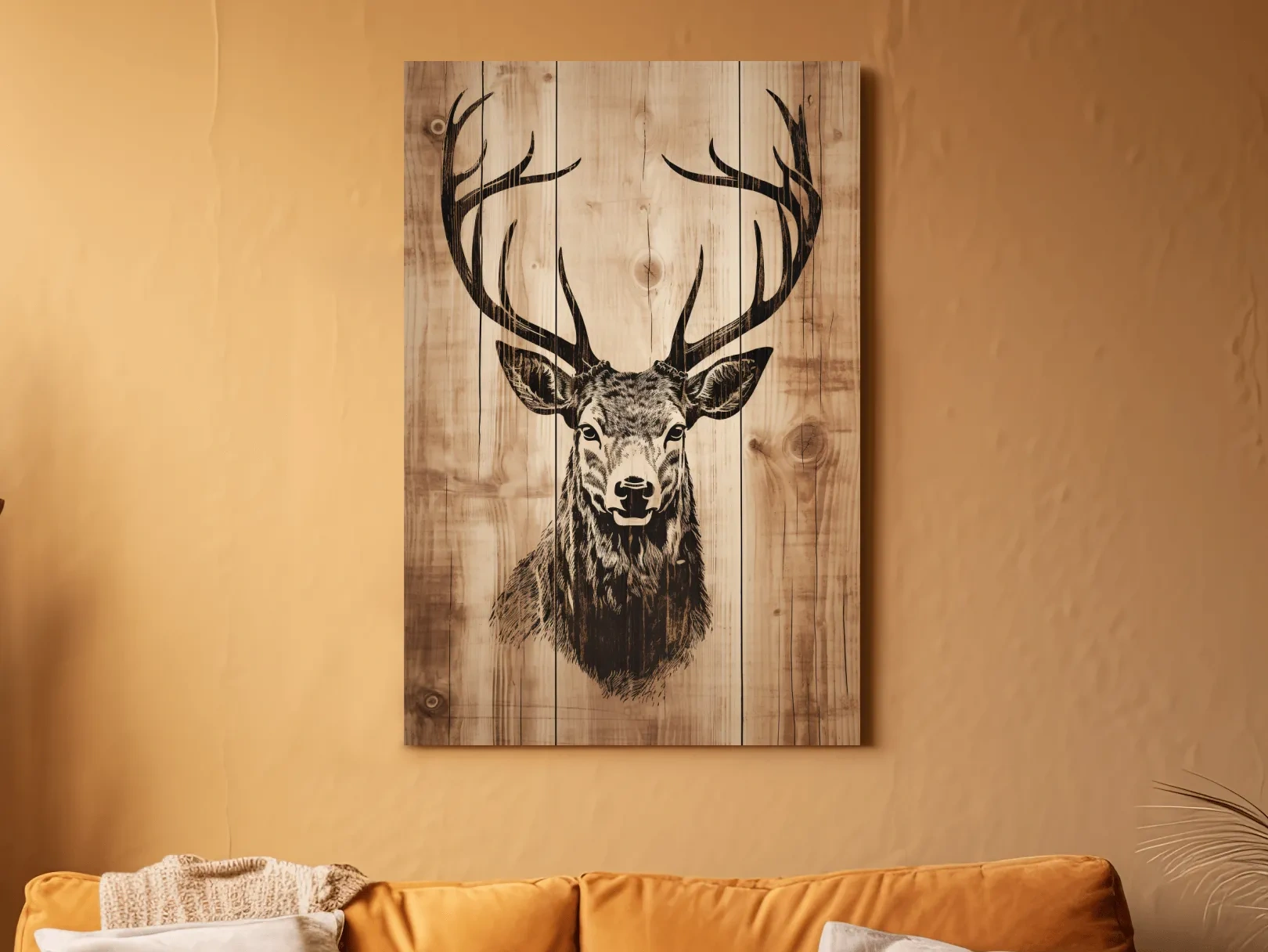 Rustic Deer Head Woodburn Style Portrait - Lodge Cabin Wildlife Wall Art