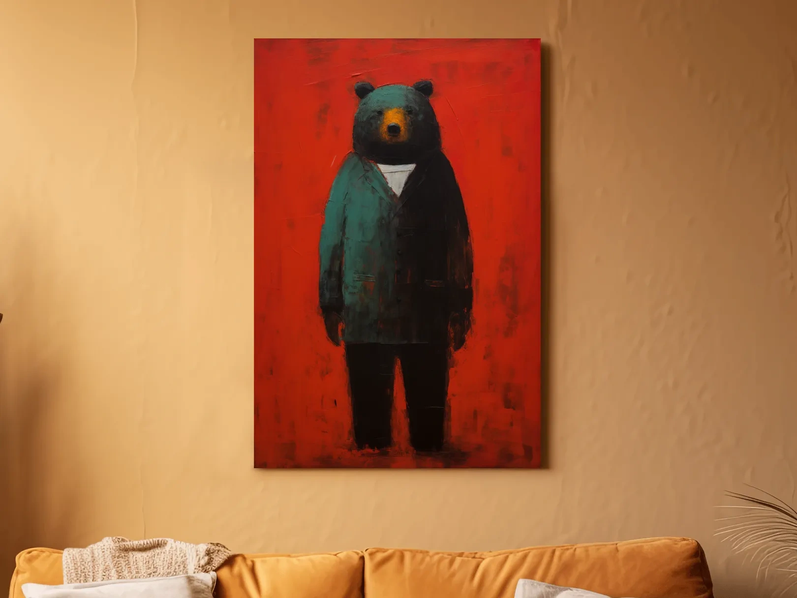 Bear wearing a suit, expressive textured painting