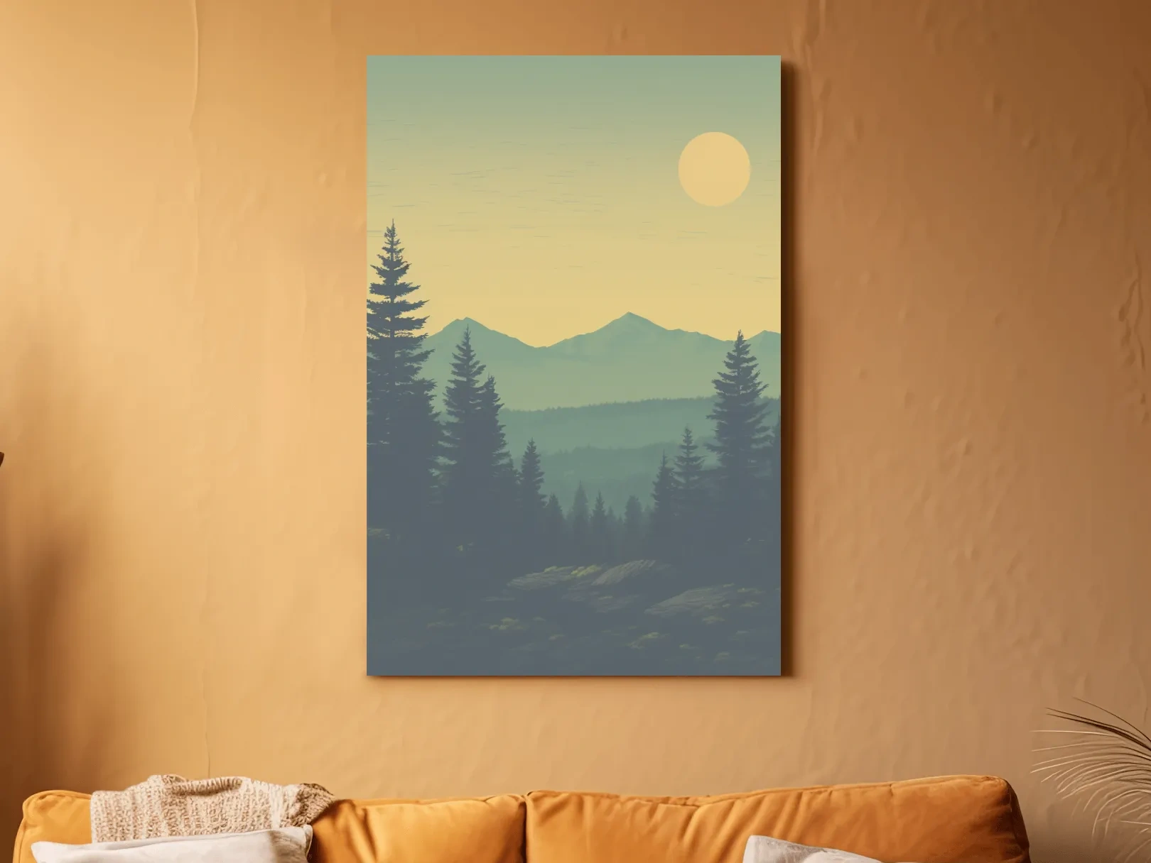 Minimalist Hazy Mountain Sunrise Landscape - Serene Alpine Forest Wall Art
