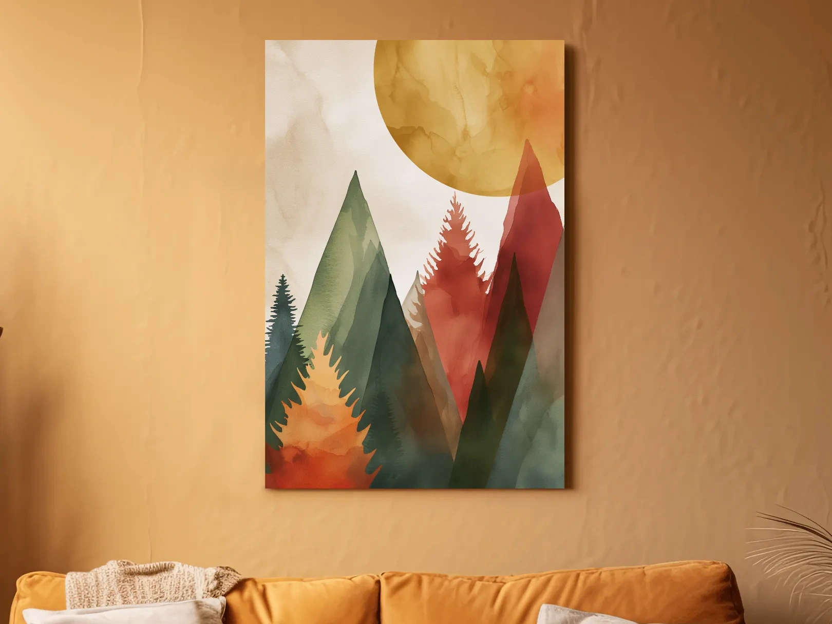 Rustic Watercolor Mountain Forest Sunrise - Modern Minimalist Wall Art