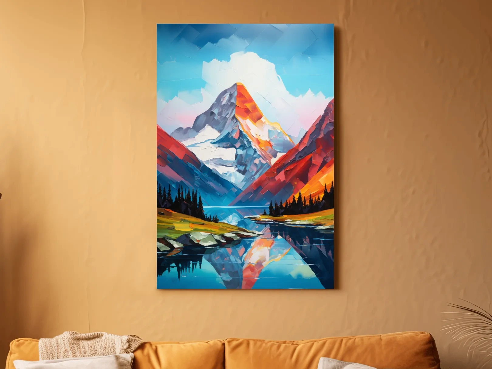 Vibrant Abstract Mountain Lake Reflection - Colorful Impasto Style Wall Art