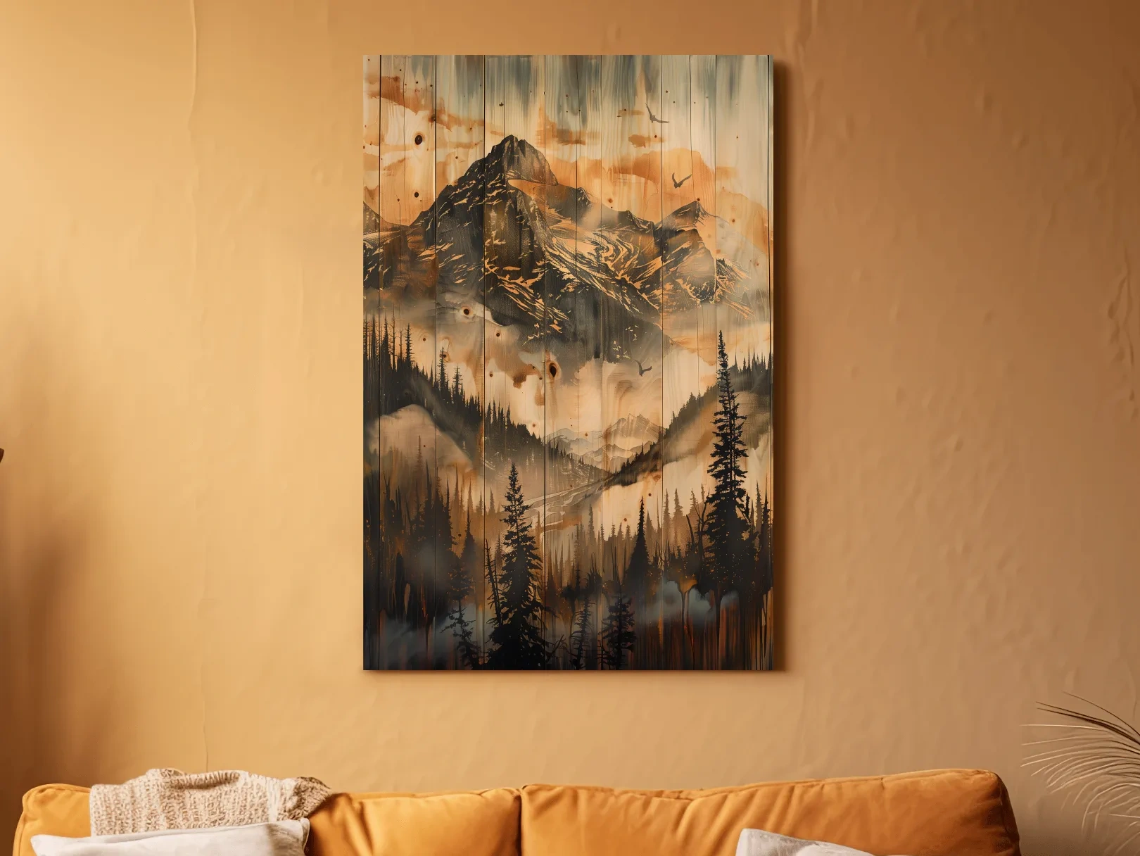 Rustic Woodgrain Mountain Landscape Painting - Sepia Misty Pine Forest Wall Art