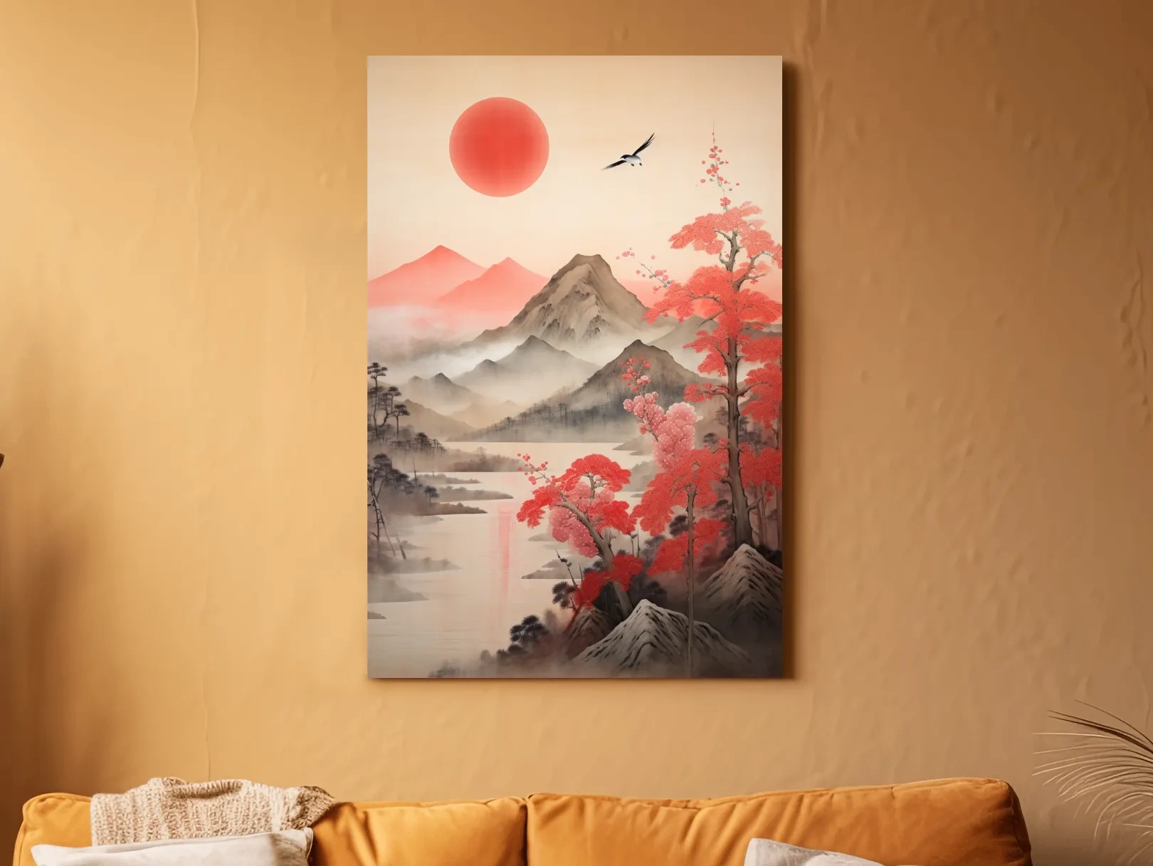 Japanese Ink Wash Mountain Sunrise - Sakura Cherry Blossom Wall Art