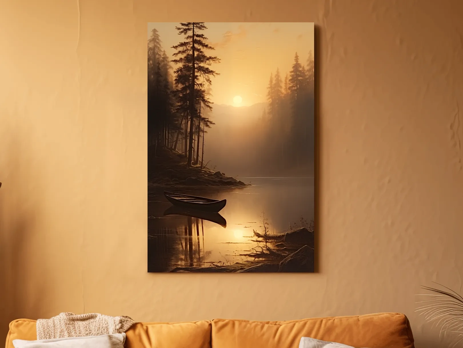 Misty Golden Lake Sunrise With Canoe - Serene Pine Forest Mountain Landscape Wall Art