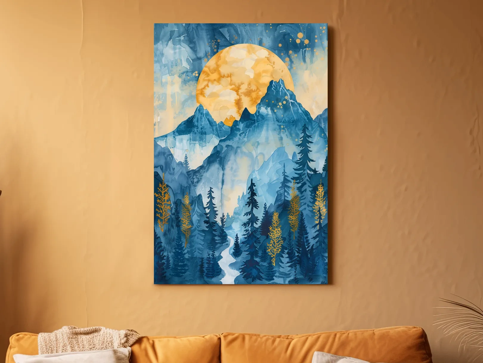 Alpine Sunset Watercolor Painting - Mountain Forest Landscape Wall Art