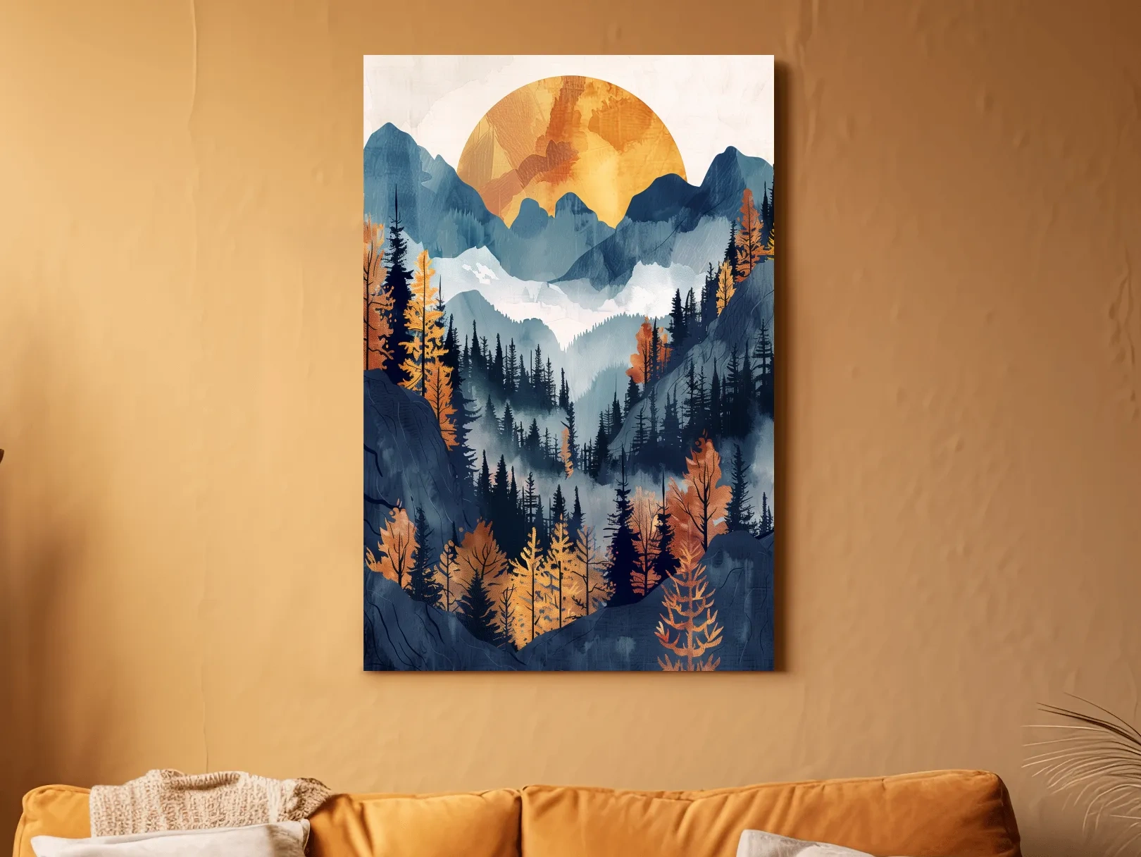 Foggy Autumn Alpine Forest Sunset - Modern Watercolor Mountain Wall Art