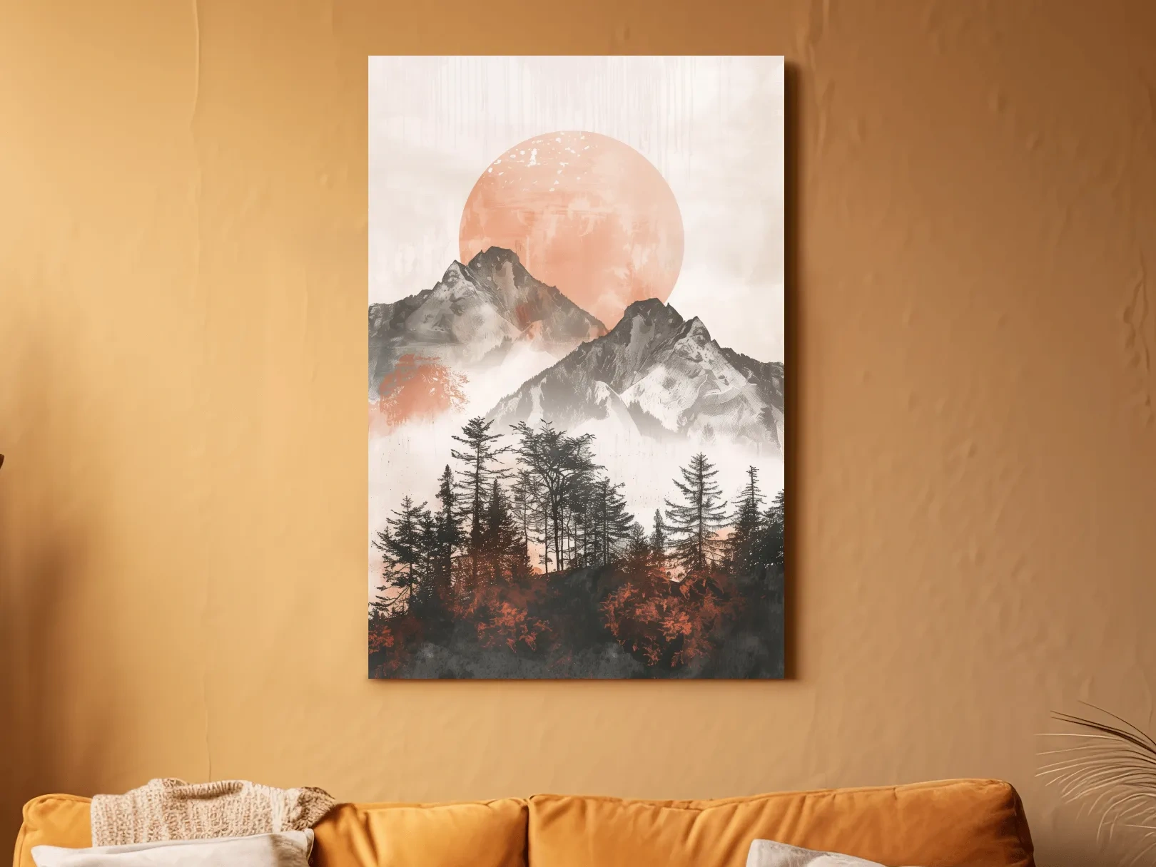 Japandi Mountain Sunrise With Pine Forest - Minimalist Watercolor Landscape Art