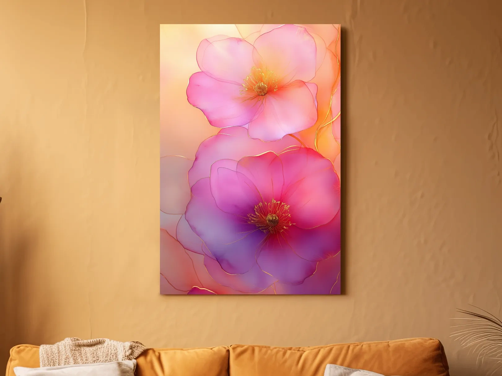 Ethereal Pink Watercolor Blossoms With Gold Accents - Floral Botanical Wall Art