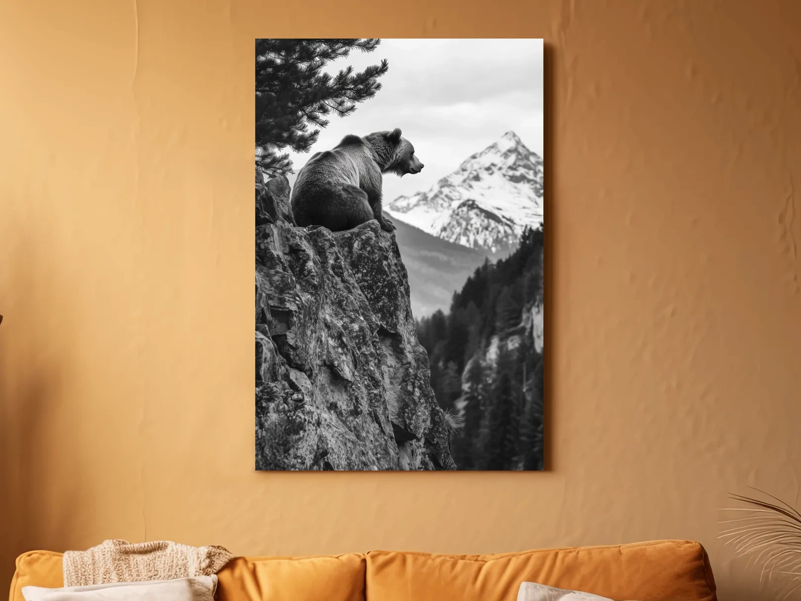 Grizzly bear taking in a mountain view, photographic wildlife wall art