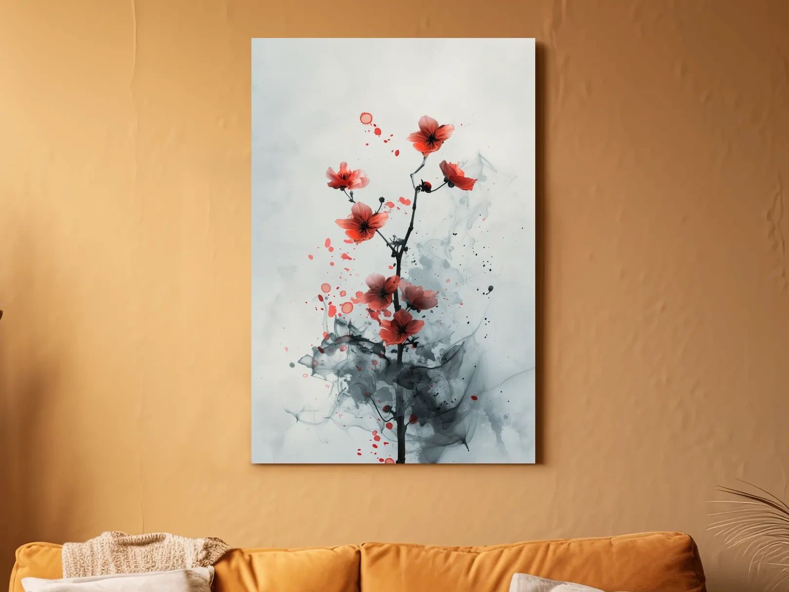 Red Cherry Blossom Ink Wash Painting - Minimalist Floral Wall Art
