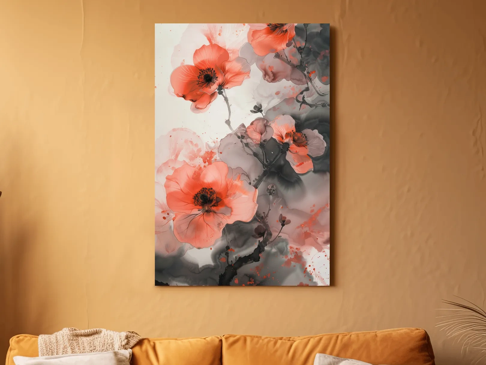 Poppy Blossom Ink Wash Painting - Floral Botanical Watercolor Artwork