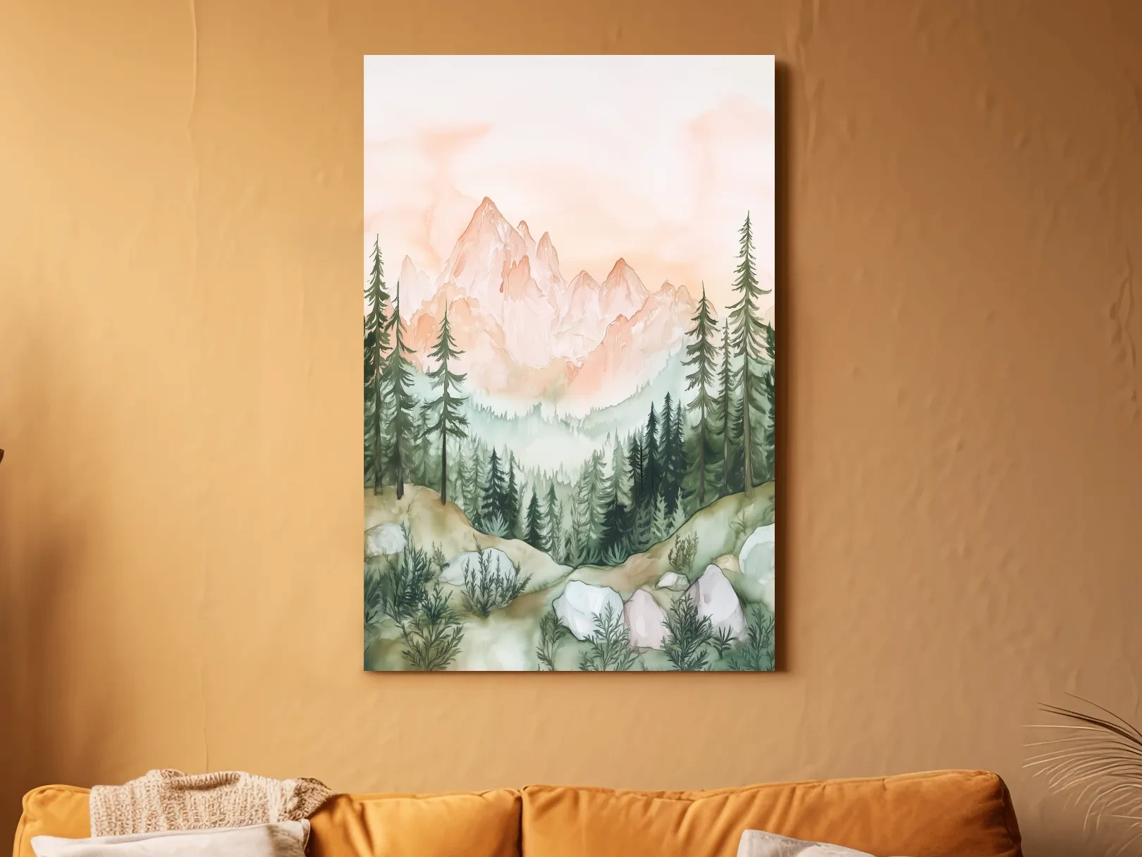Pastel Watercolor Mountain Peaks & Pine Forest - Serene Alpine Landscape Artwork