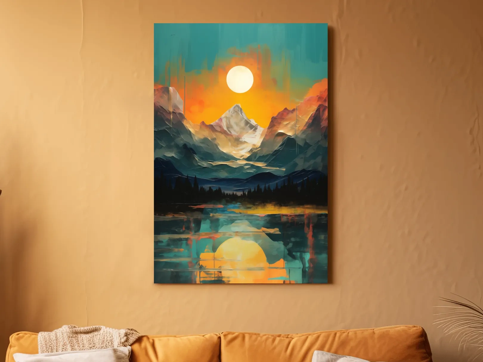 Oil painting artwork print of a mountain scene at sunset