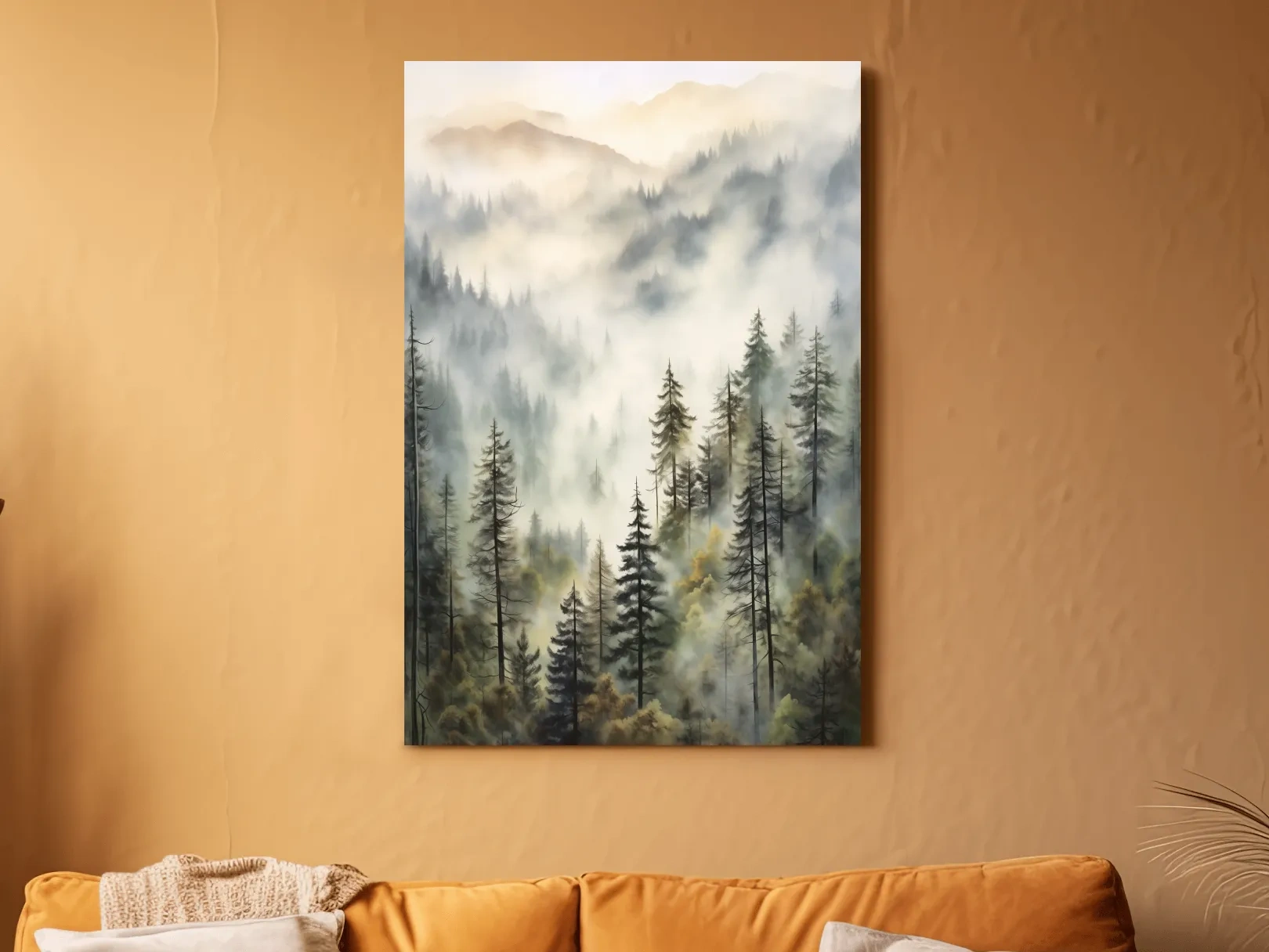 Misty Pine Forest Mountains Watercolor - Serene Foggy Landscape Wall Art