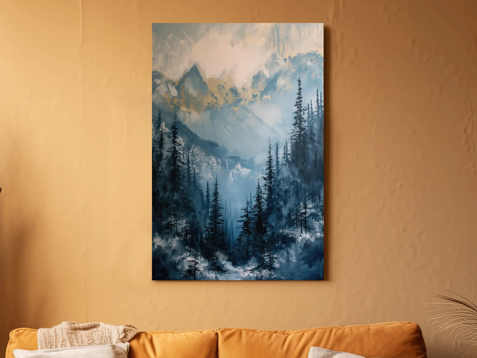 Moody Misty Blue Mountain Forest Painting - Alpine Landscape Wall Art