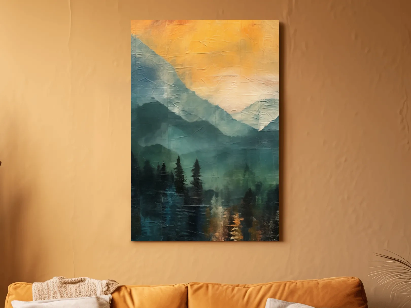 Rustic Misty Mountain Lake Reflection - Textured Watercolor Style Sunset Wall Art