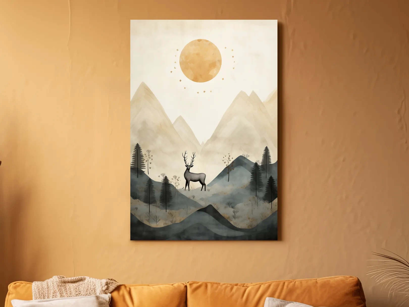 Deer standing in the forest under the night sky, quirky illustration art