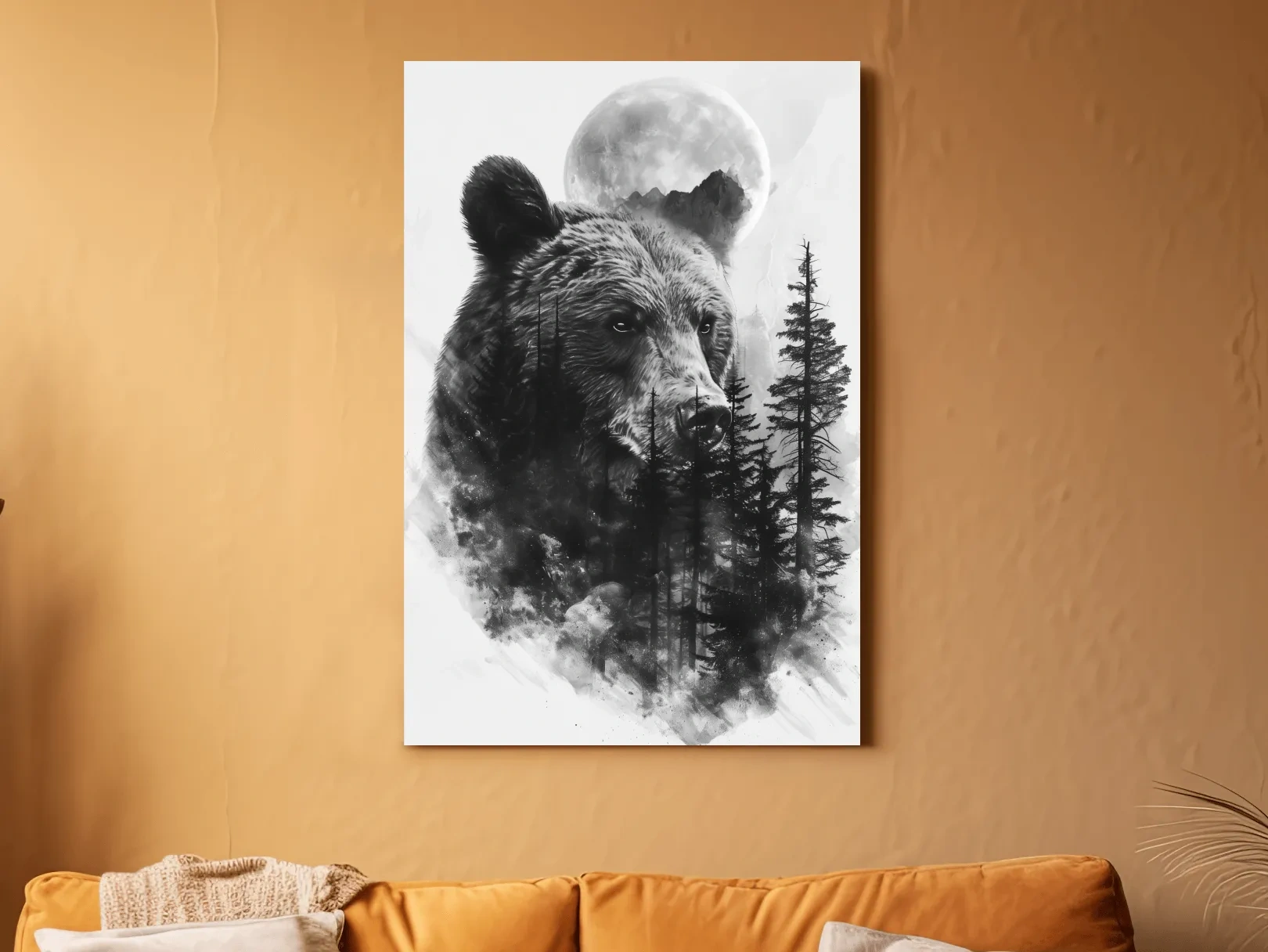 Grizzly Bear Moon Forest Drawing - Black And White Double Exposure Wildlife Wall Art